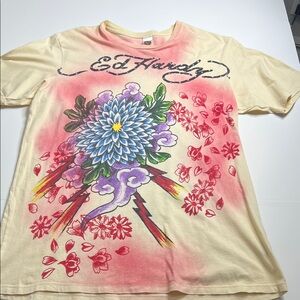 Ed Hardy Floral Graphic Tee - Cream and Red
